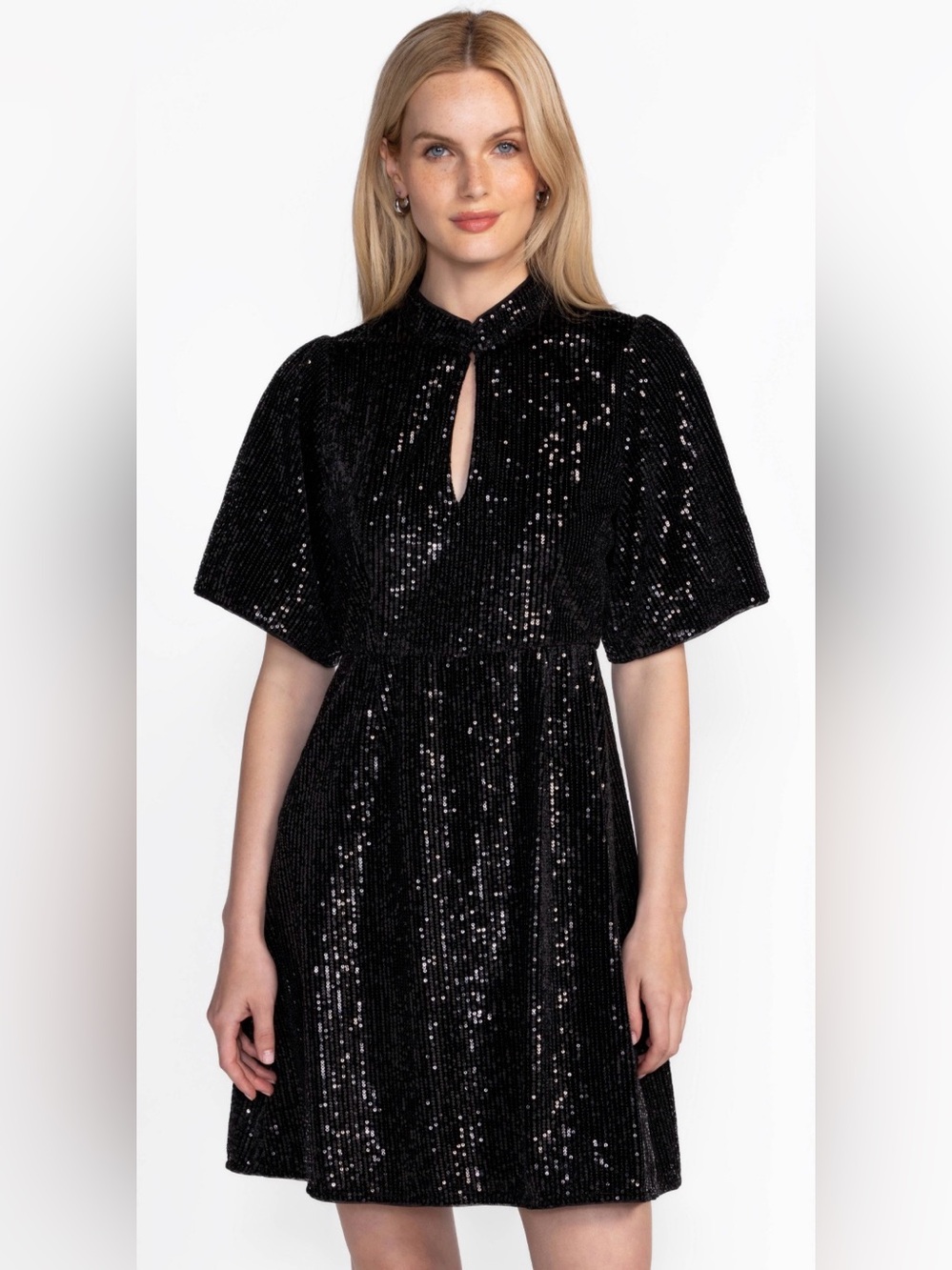JOHNNY WAS JADE 4 Eve Sequin Mini Black Dress MOCK TURTLENECK KEYHOLE GLITTERY